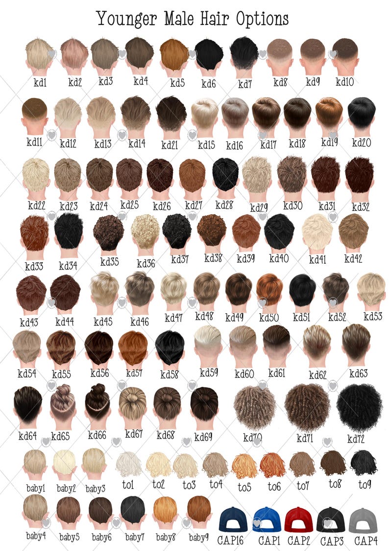 Peut inclure: Un tableau de 72 coiffures diff&eacute;rentes pour les jeunes hommes. Les coiffures sont num&eacute;rot&eacute;es et &eacute;tiquet&eacute;es avec le pr&eacute;fixe 'kd'. Il y a aussi 9 options de chapeaux diff&eacute;rentes &eacute;tiquet&eacute;es avec les pr&eacute;fixes 'tol', 'to', 'cap'.