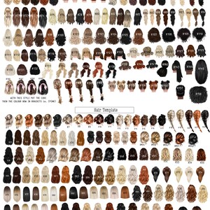 Peut inclure: Un tableau de 256 coiffures diff&eacute;rentes pour cr&eacute;er des avatars personnalis&eacute;s. Les coiffures sont num&eacute;rot&eacute;es et organis&eacute;es en rang&eacute;es. Le tableau comprend une vari&eacute;t&eacute; de styles, y compris les cheveux longs, courts, boucl&eacute;s, raides et tress&eacute;s.
