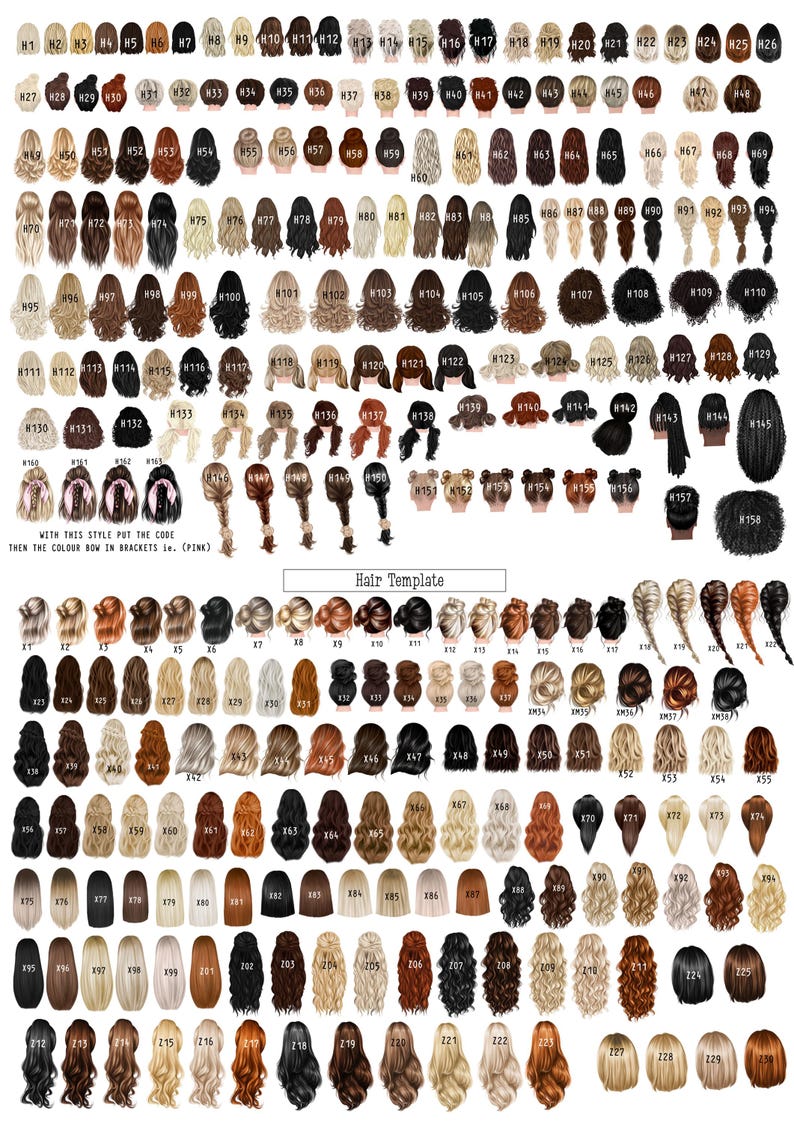 Peut inclure: Un tableau de 256 coiffures diff&eacute;rentes pour cr&eacute;er des avatars personnalis&eacute;s. Les coiffures sont num&eacute;rot&eacute;es et organis&eacute;es en rang&eacute;es. Le tableau comprend une vari&eacute;t&eacute; de styles, y compris les cheveux longs, courts, boucl&eacute;s, raides et tress&eacute;s.