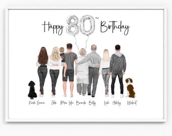 May include: A family portrait with 8 people and 2 dogs. The family is standing in a line, facing away from the camera. The text "Happy 80th Birthday" is at the top of the image. The names of each family member are listed below the image.