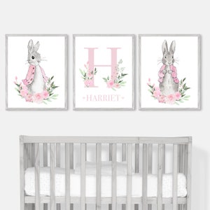 Peter Hase | Flopsie Häschen | 3er Set Drucke | Trios | Kinderzimmer | Mädchen | Babyzimmer | DIN A4 | DIN A3 | Personalisiert | Name | Blumen | Inspo