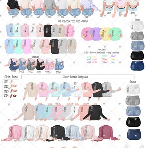 Peut inclure: Une illustration num&eacute;rique d'un mod&egrave;le personnalisable pour cr&eacute;er un portrait de famille personnalis&eacute;. Le mod&egrave;le propose diff&eacute;rentes carnations, couleurs de cheveux, options de v&ecirc;tements et accessoires pour les adultes et les enfants. L'image comprend des &eacute;tiquettes de texte pour chaque option, telles que "Teint", "Mod&egrave;le f&eacute;minin jeune", "Mod&egrave;le f&eacute;minin plus &acirc;g&eacute;", "Tout-petits", "Ou choisir le haut et le jean", "Jeans" et "Facultatif".