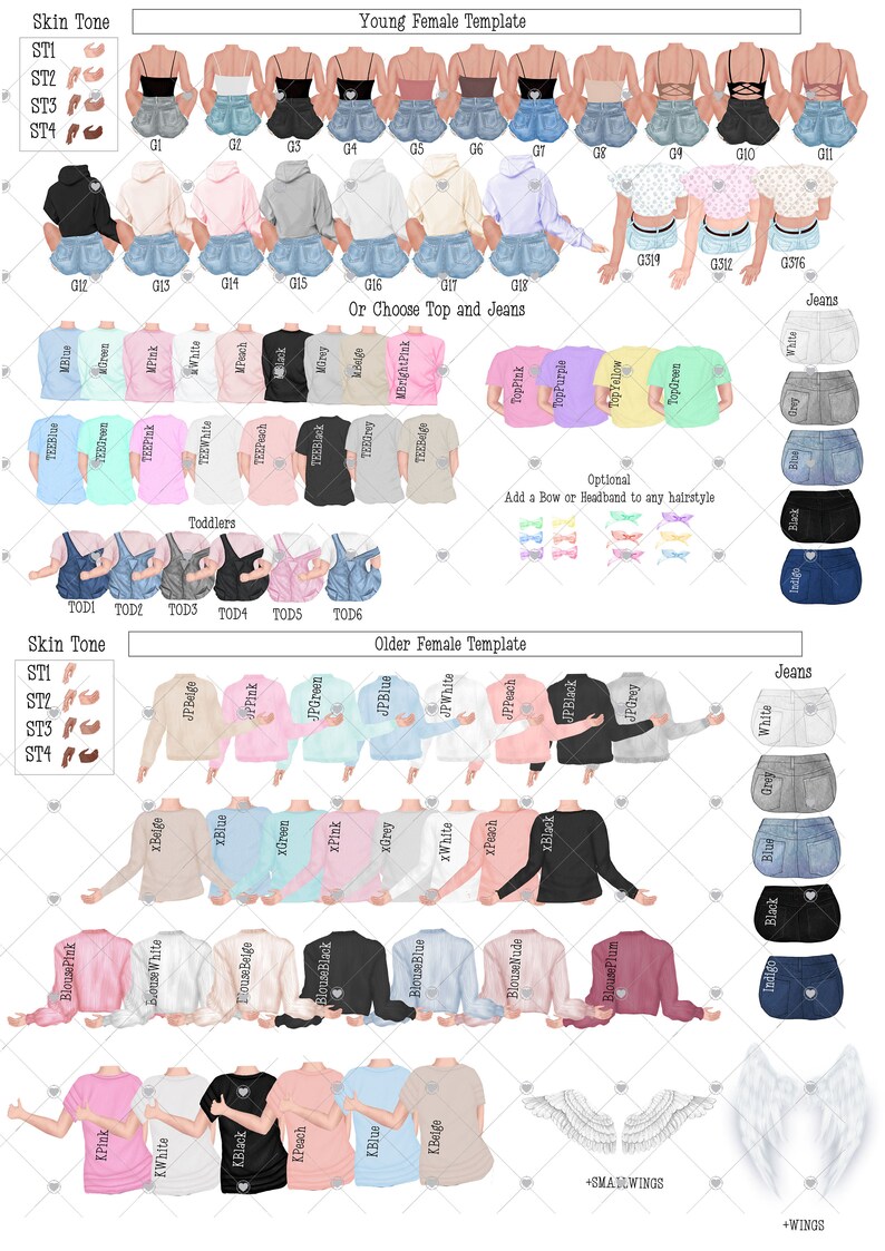 Peut inclure: Une illustration num&eacute;rique d'un mod&egrave;le personnalisable pour cr&eacute;er un portrait de famille personnalis&eacute;. Le mod&egrave;le propose diff&eacute;rentes carnations, couleurs de cheveux, options de v&ecirc;tements et accessoires pour les adultes et les enfants. L'image comprend des &eacute;tiquettes de texte pour chaque option, telles que "Teint", "Mod&egrave;le f&eacute;minin jeune", "Mod&egrave;le f&eacute;minin plus &acirc;g&eacute;", "Tout-petits", "Ou choisir le haut et le jean", "Jeans" et "Facultatif".