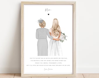 May include: A framed print featuring an illustration of a person with short blonde hair in a grey dress and a person with long blonde hair in a white dress holding a bouquet. The text reads Mum, and includes a poem ending with Love Emma.