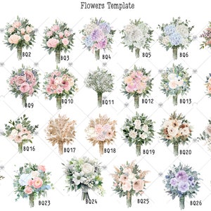 以下が含まれることがあります： さまざまな花束のウォーターカラーイラスト27点のセット。各花束には、BQ1からBQ27までの番号が付けられています。