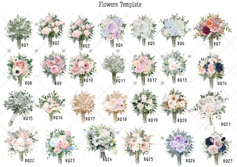 以下が含まれることがあります： さまざまな花束のウォーターカラーイラスト27点のセット。各花束には、BQ1からBQ27までの番号が付けられています。