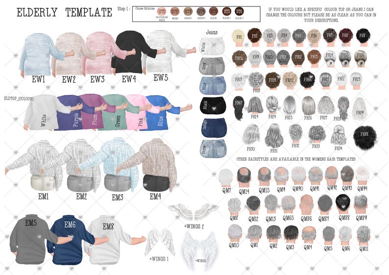 Peut inclure: Un mod&egrave;le num&eacute;rique pour cr&eacute;er des illustrations personnalis&eacute;es de personnes &acirc;g&eacute;es. Le mod&egrave;le comprend diff&eacute;rentes options de v&ecirc;tements, de coiffures et d'accessoires. Le texte sur le mod&egrave;le indique "Mod&egrave;le de personnes &acirc;g&eacute;es" et "Si vous souhaitez une couleur de haut ou de jean sp&eacute;cifique, je peux changer les couleurs, mais veuillez &ecirc;tre aussi clair que possible dans votre description."