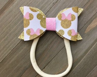 Gold Minnie Mouse Hair Bow, Pink Glitter Headband