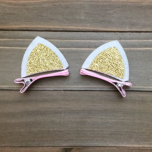 Gold Glitter Cat Ear Hair Clips: White Felt Kitten Clips
