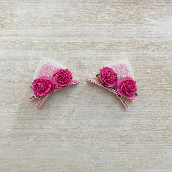 Floral Cat Ears, White Cat Ears, Cat Ears, Cat Ear Clips,  Mini Cat Ears, Cat Clips, Cat Clippies, Cute Cat ears, Pink Hair Clips, Cosplay