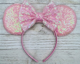 Pink Sequin Mouse Ears Headband, Oversized Bow, Princess Theme Park Accessory