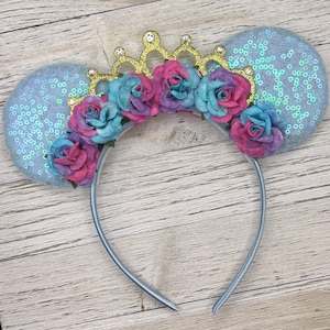 Rainbow Princess Mouse Ears: Iridescent Sequin Minnie Ears with Glitter Crown