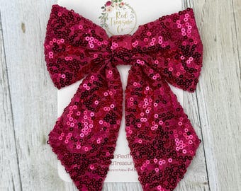 Hot Pink Sequin Coquette Bow, Oversized Sparkly Hair Clip, Fuchsia Statement Bow
