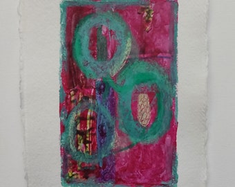 Abstract acrylic and collage painting on cotton rag paper. Mixed media artwork. Original art by UK artist.