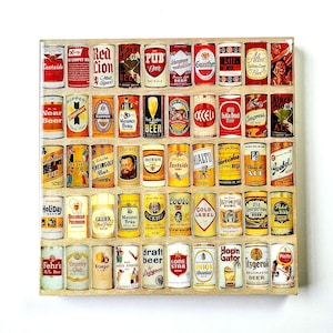 Beer Can Collector Beer Can Collage Art Colorful Vintage Artwork Yellow and Red Collage Brewery Art Beer Wall Art Colorful Old School 8"x8"