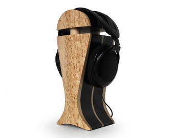Suporte para fones de ouvido em folheado de bétula da Carélia e madeira de carpa preta