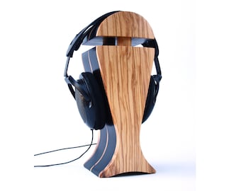 Suporte para fones de ouvido artesanal em madeira de oliveira italiana e carpa preta | para Audeze, Sennheiser, ZMF, FOCAL, HiFiMan, Beyerdynamic, Philips