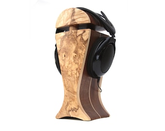 Suporte para fones de ouvido artesanal em folheado de freixo-oliva e madeira sapeli | para Audeze, Sennheiser, ZMF, FOCAL, HiFiMan, Beyerdynamic, Philips