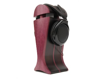 Suporte para fones de ouvido artesanal em madeira de pau-roxo e carpa-preta