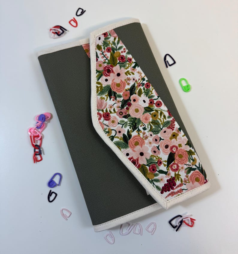 Pode incluir: Um estojo retangular de tecido verde-oliva com uma aba diagonal apresentando um fundo branco estampado com flores rosas, vermelhas e p&ecirc;ssego e folhas verdes. O estojo &eacute; debruado em tecido creme e cercado por pequenos marcadores de pontos.