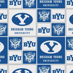 May include: A repeating pattern featuring the Brigham Young University logo and the letters "BYU" in white and blue. The design includes the university's "Y" logo and cougar mascot on a white and blue background.