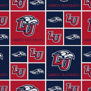 May include: A repeating pattern featuring the Liberty University logo and eagle head in red, white, and blue. The design includes the letters "LU" and the words "Liberty University" in a grid-like arrangement.