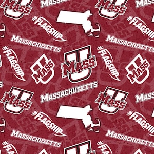 May include: A repeating pattern featuring the word "MASS" in a stylized font, the outline of Massachusetts, and the words "MASSACHUSETTS" and "#FLAGSHIP" in white on a maroon background. The design is suitable for fabric or paper.