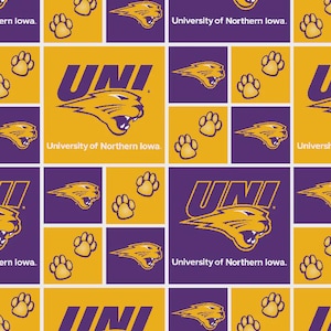 May include: A repeating pattern featuring the University of Northern Iowa logo. The design includes the letters "UNI" in purple and gold, along with a panther head and paw prints. The words "University of Northern Iowa" are also present.