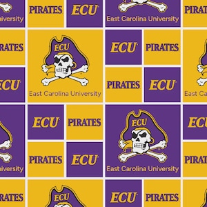 May include: A repeating pattern featuring the East Carolina University Pirates logo. The design includes the team's pirate mascot, the letters "ECU", and the word "PIRATES" in purple and gold. The words "East Carolina University" are also present.