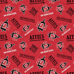 May include: A red and white repeating pattern featuring the San Diego State University Aztecs logo. The logo includes the words "SDSU Aztecs" and "San Diego State" along with a stylized arrow and a graphic of a stylized "S" with a "D" inside.