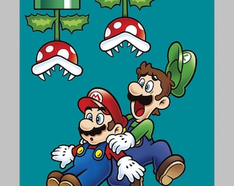 May include: A cartoon illustration of Mario and Luigi, characters from the Super Mario Bros. video game series. Mario is wearing his signature red cap and blue overalls, while Luigi is wearing a green cap and blue overalls. They are both smiling and appear to be running or jumping. The background is a teal blue color with green plants with red flowers and teeth.