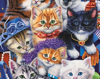 May include: A colorful illustration of several kittens with various fur patterns and eye colors. The kittens are surrounded by accessories like a blue shoe, a hat, and a compact mirror. Some kittens wear jewelry and bows.