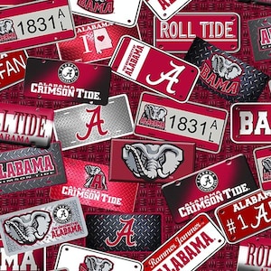 Ncaa ALABAMA CRIMSON TIDE License Plate Print 100% cotton college football fabric material  licensed for Crafts, Quilts, and Home Decor