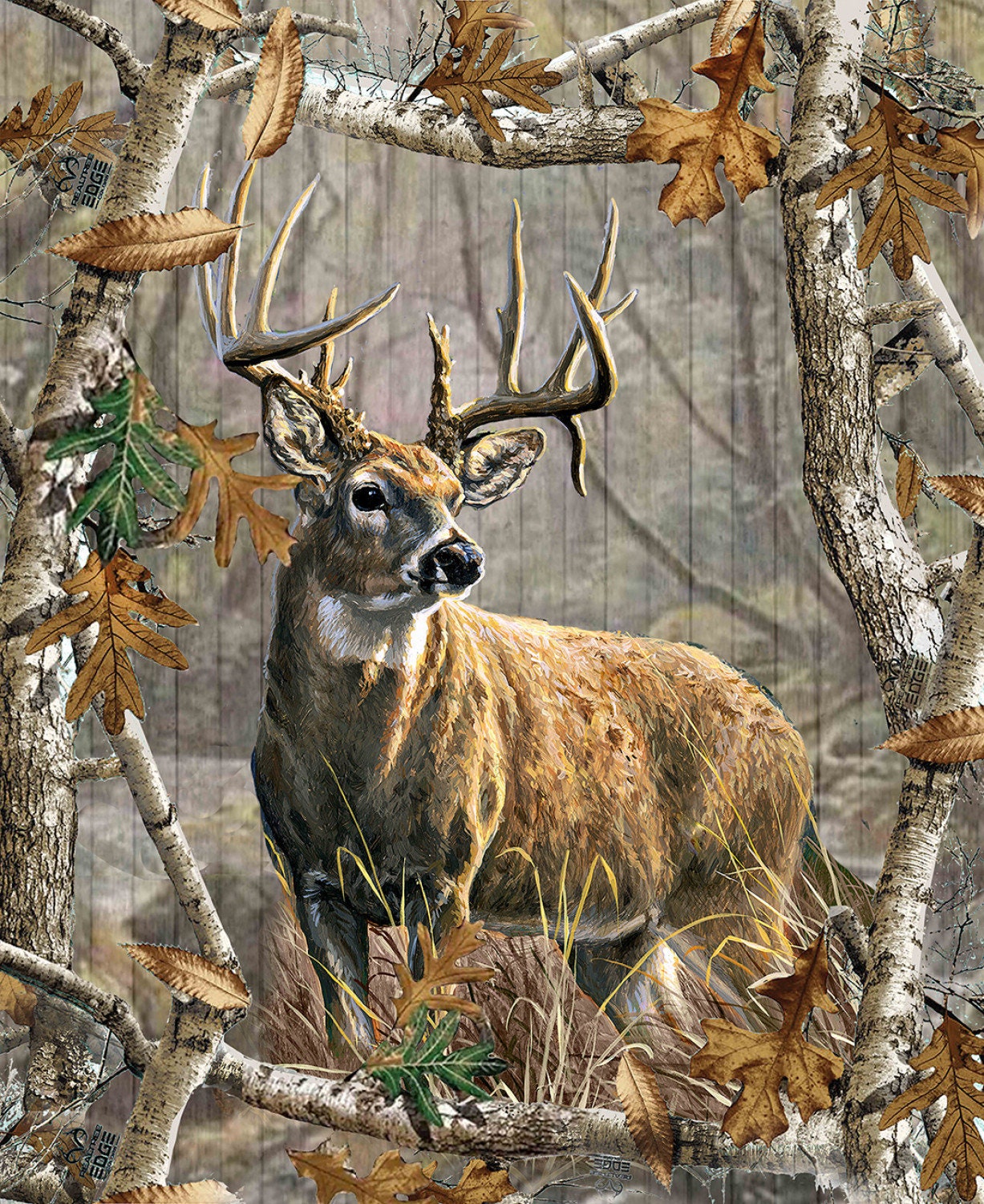 New Large Real Tree Edge Plank WHITE-TAILED DEER on this 100% Cotton Panel  for quilts, crafts, wall hanging style #06