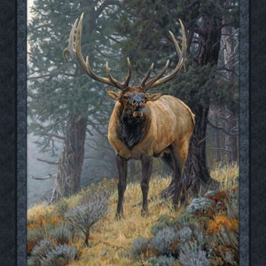 May include: A detailed painting of a bull elk in a forest setting. The elk has large antlers and is standing on a hillside with tall trees in the background. The color palette includes shades of brown, green, and gray.