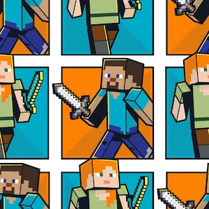May include: A repeating pattern of pixelated characters from the video game Minecraft. The characters are holding swords and are in various poses. The background is a mix of orange and blue squares.