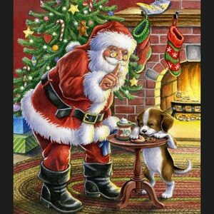 New Large Merry CHRISTMAS Shhh SANTA Puppy Cookie Thief on 100% Cotton Panel for quilts, crafts, wall hanging