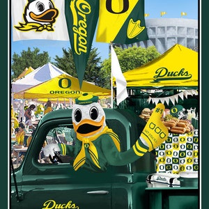 May include: A green and yellow truck with the word "Ducks" on the side. A cartoon duck mascot wearing a green and yellow uniform is sitting in the driver's seat. The truck is parked in front of a tent with the word "Ducks" on it. There are other tents in the background with the word "Oregon" on them.