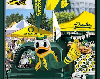 May include: A green and yellow truck with the word "Ducks" on the side. A cartoon duck mascot wearing a green and yellow uniform is sitting in the driver's seat. The truck is parked in front of a tent with the word "Ducks" on it. There are other tents in the background with the word "Oregon" on them.
