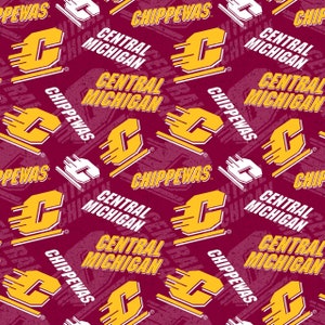 May include: A maroon fabric with a repeating pattern of the Central Michigan University logo. The logo is a white letter "C" with a yellow outline and a yellow diagonal line through it. The words "Central Michigan" and "Chippewas" are written in yellow and white on the fabric.