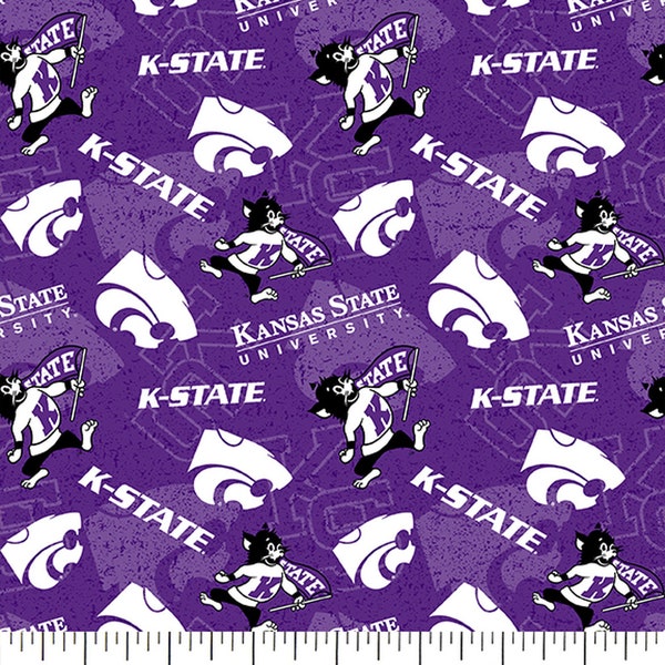 NCAA KANSAS STATE WILDCATs Filigrane Imprimer Football 100% coton tissu matériel que vous choisissez la longueur sous licence Courtepointes