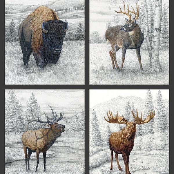 New North American Animals BIG GAME WINTER Scene Digital 100% Cotton Pillow Panels - 4 Panels with Bison, Deer, Elk, and Moose