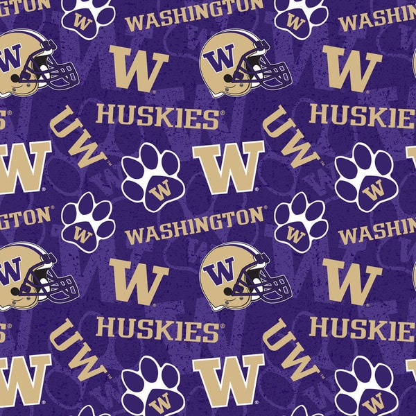NCAA WASHINGTON HUSKIES Watermark Print Football 100% cotton fabric material you choose length licensed Quilts