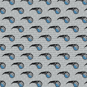 May include: A repeating pattern of the Orlando Magic basketball team logo on a gray background. The logo features a black and blue basketball with a black shooting star and white stars.