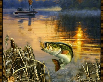 May include: A largemouth bass leaps out of the water, mouth open, as a fisherman casts a line in a boat in the distance. The scene is set at sunset with a golden sky and reflections on the water. The image is overlaid with a camouflage pattern.