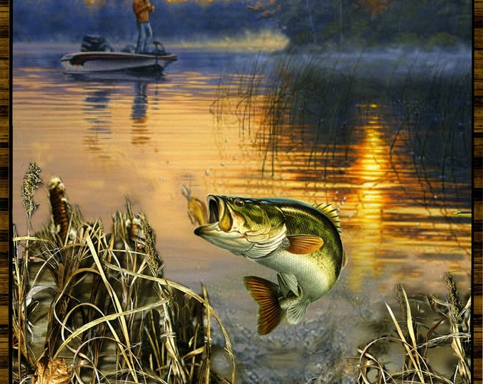 New Large REALTREE BASS FISH in Lake Digital 100 Cotton Panel for