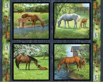 New HORSES SWEETWATER BRIDGE Digital 100% Cotton Pillow Panels - 4 Panels including border trim ribbon