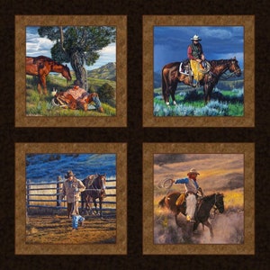 New HORSES and COWBOYS Range Life Digital 100% Cotton Pillow Panels - 4 Panels including border trim ribbon