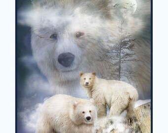 New Large POLAR BEAR and Cub on ice  ARTIC Dreams 100% Cotton Panel for quilts, crafts, wall hanging Style #3