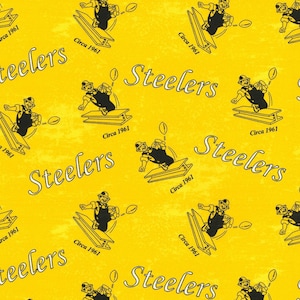 May include: A yellow fabric with a repeating pattern of black and white illustrations of a football player holding a football. The text "Steelers" and "Circa 1961" are repeated throughout the pattern.